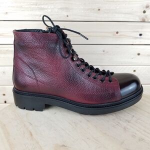 Men's Boots 9 M 100% Genuine Leather Burgundy Biker Paul Branco Side Zip Lace-up